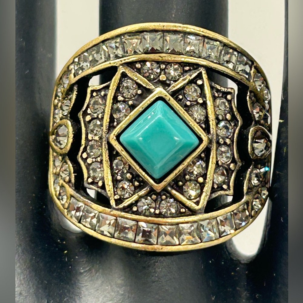 Heidi Daus Art Deco Crystal & Turquoise Ring Sz 7 - Picture 2 of 8